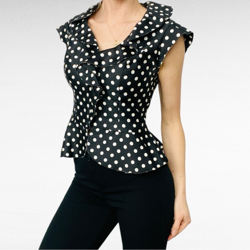 VINTAGE | Kay Unger | Black & White Polka Dot Ruffled Neck Zipper Front Shirt